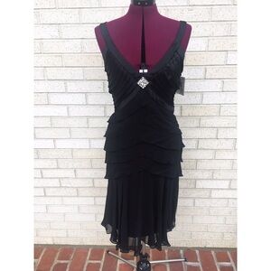 NWT Tadashi Black Cocktail Midi Dress 20s 30s Style Broach Size 12 (sz 8 or 10)